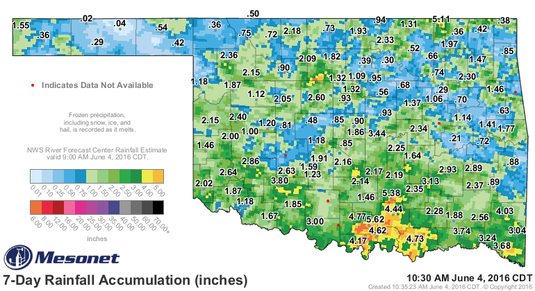 Rainfall totals across Oklahoma last 7 days.